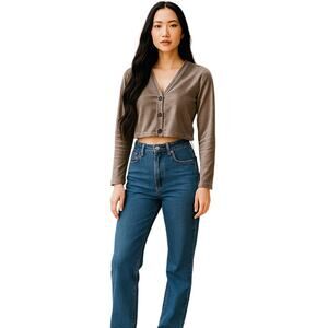 NWT Good Luck Girl Ribbed Velvet Button Up Crop Long Sleeve Shirt Sz Junior's Lg